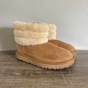 UGG Classic Mini Fluff Quilted Women Chestnut Brown Tan Cream Pull On Boots Sz 6